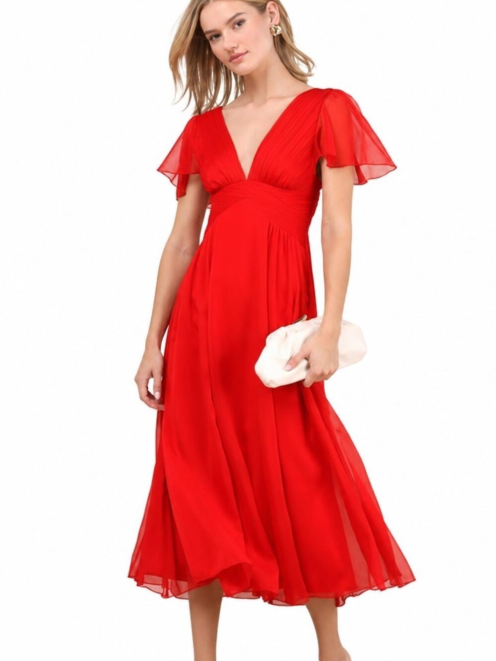 Lulus Red Chiffon Midi Dress XS NWT/Flutter Sleeves, V-Neck, Wedding Guest Ready